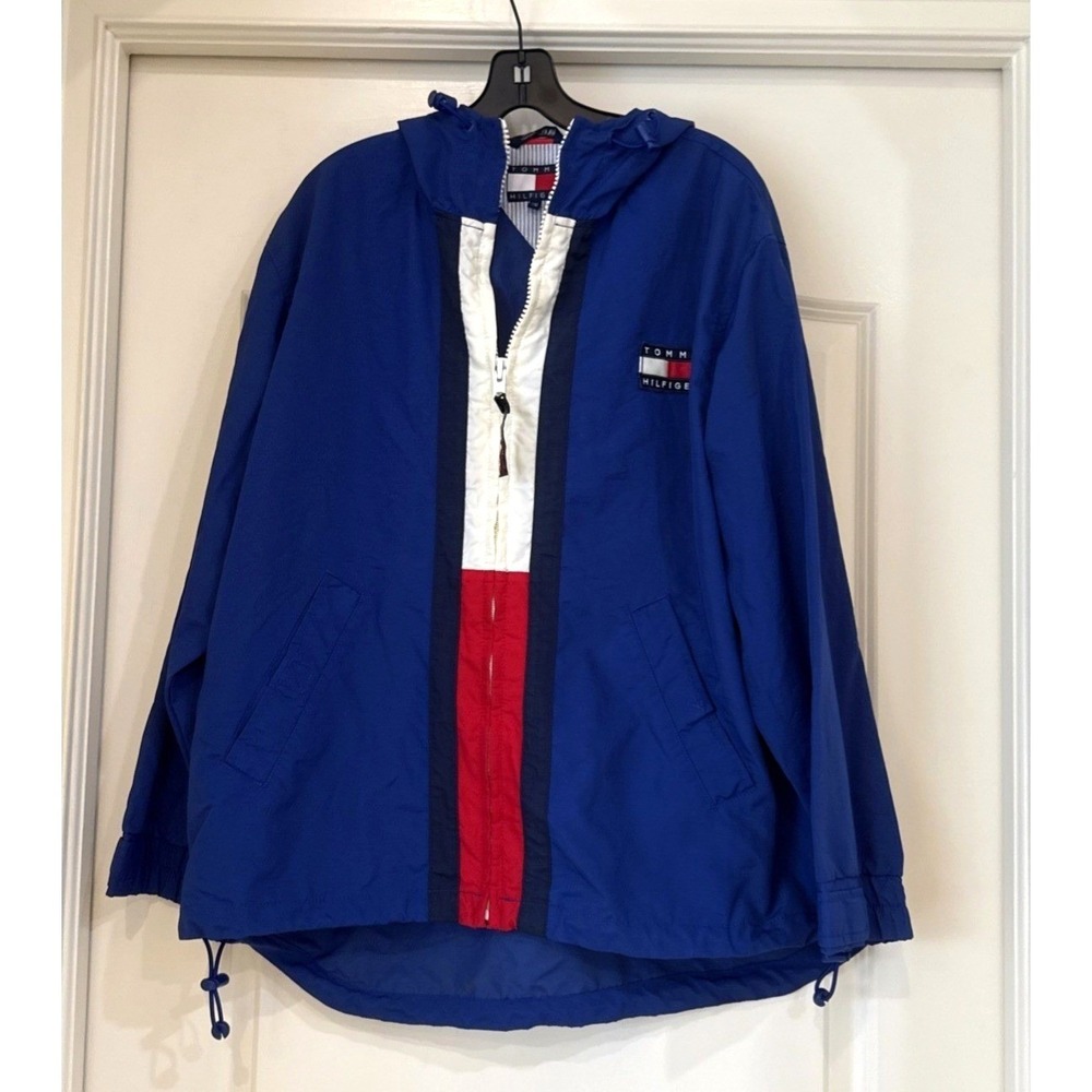 Tommy Hilfiger Mens Blue Colorblock Hooded Windbreaker Jacket Large Half Zip